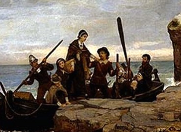 Pilgrims Landing on Plymouth Rock in Massachusetts in 1620, Painting by Bacon